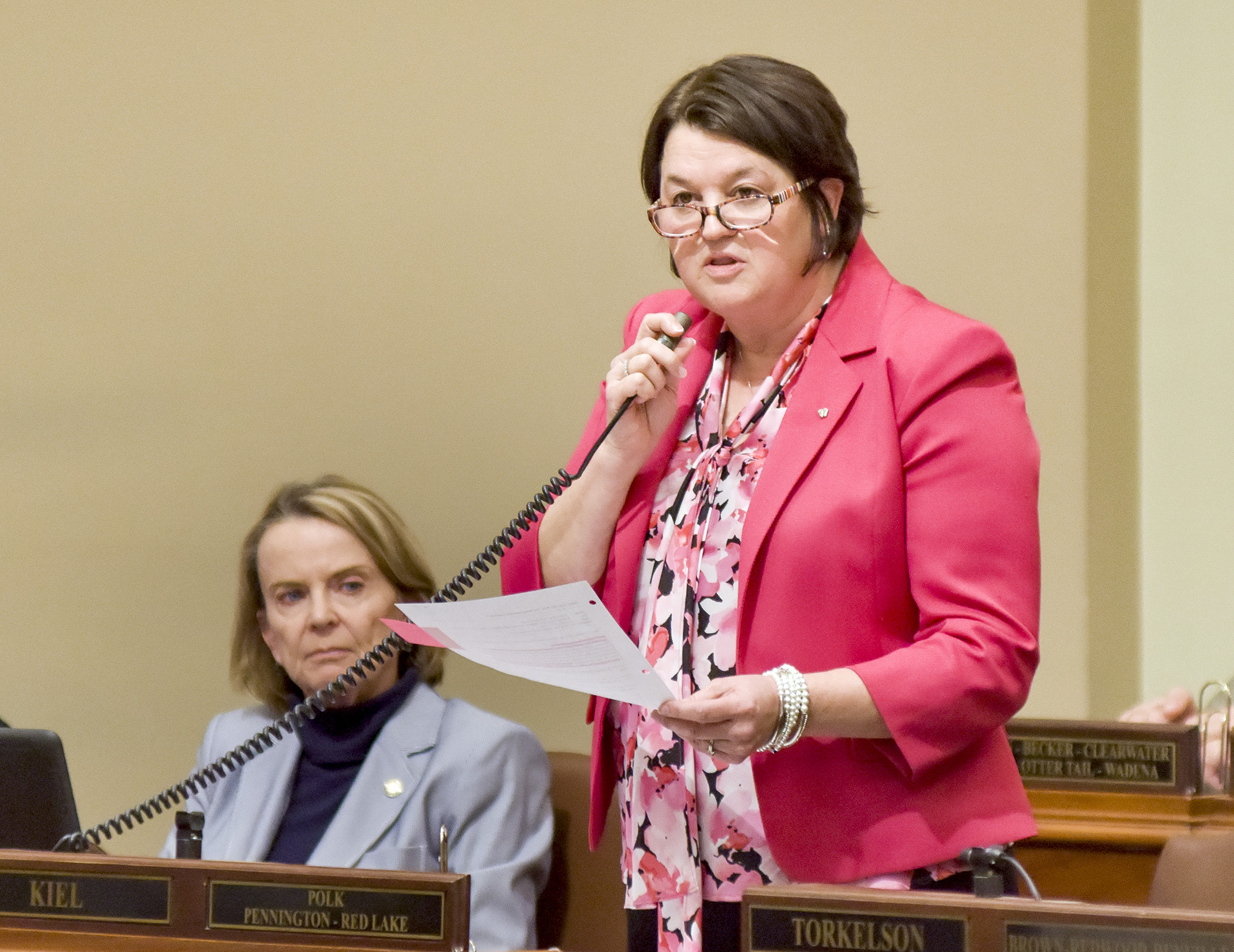 Rep. Deb Kiel presents HF812, a bill that would require abortion facilities to be licensed, to members on the House Floor April 24. Photo by Andrew VonBank